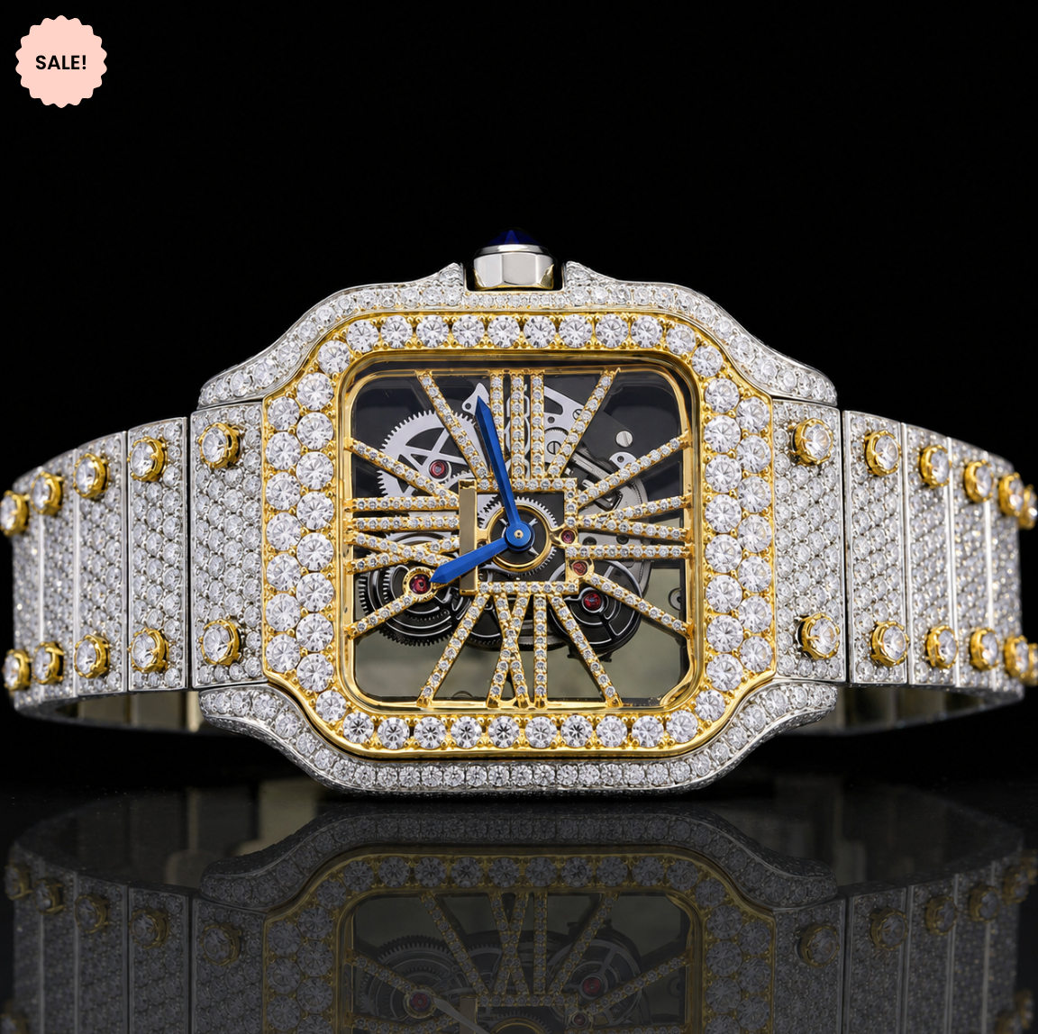 Two-Tone Moissanite Skeleton Watch - Silver/Gold/Rose-Gold