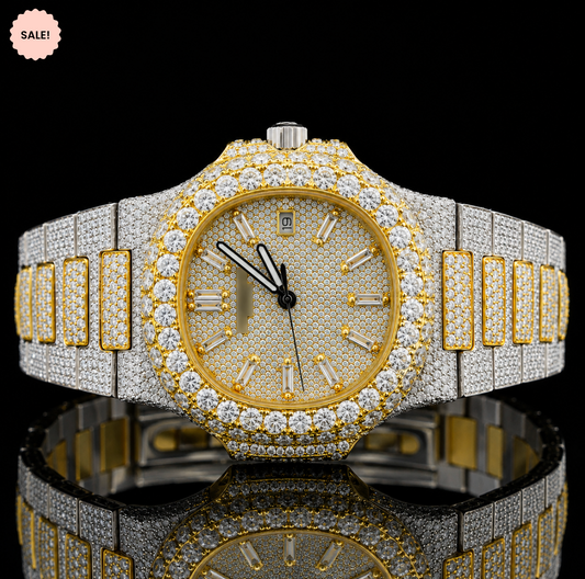 Attractive Two Tone Moissanite Watch with Baguette Stick Markers - Silver/Gold/Rose-Gold
