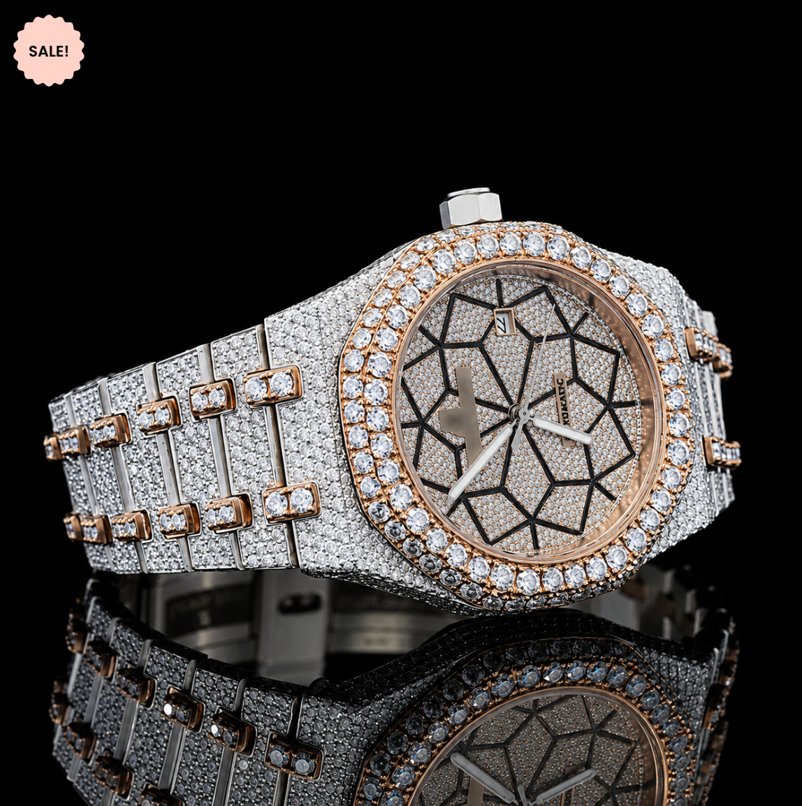 Customized Dial two tone Bust Down Automatic Moissanite Watch - Silver/Gold/Rose-Gold