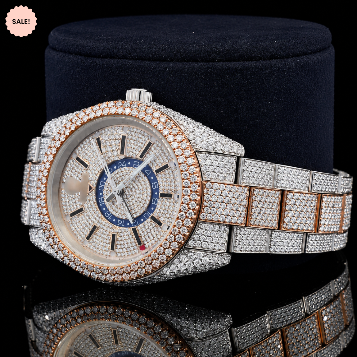 Two Tone VVS Moissanite Watch with Black Stick Markers - Silver/Gold/Rose-Gold