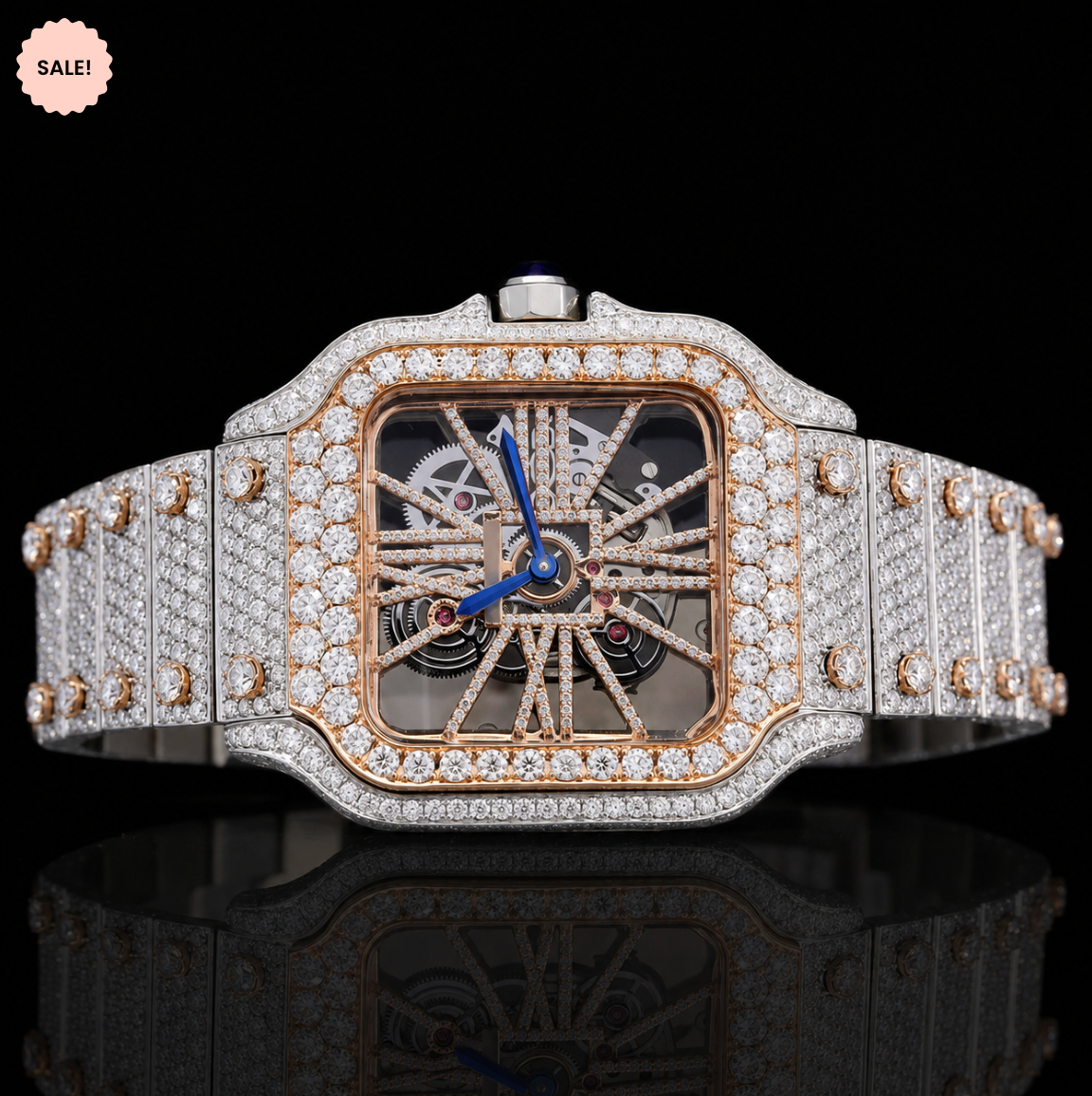 Two-Tone Moissanite Skeleton Watch - Silver/Gold/Rose-Gold