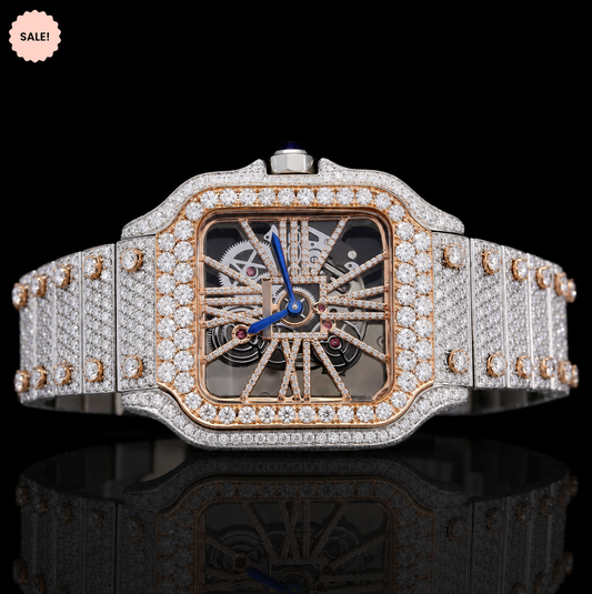Two-Tone Moissanite Skeleton Watch - Silver/Gold/Rose-Gold