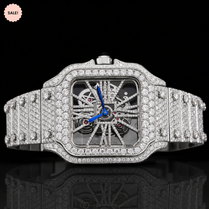 Two-Tone Moissanite Skeleton Watch - Silver/Gold/Rose-Gold