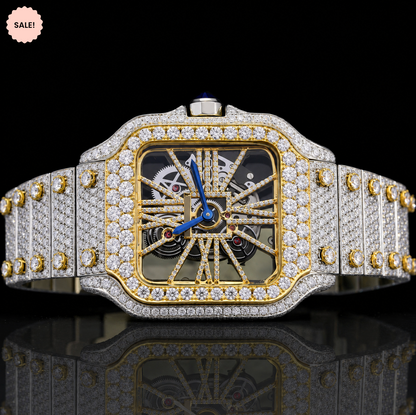 Two-Tone Moissanite Skeleton Watch - Silver/Gold/Rose-Gold
