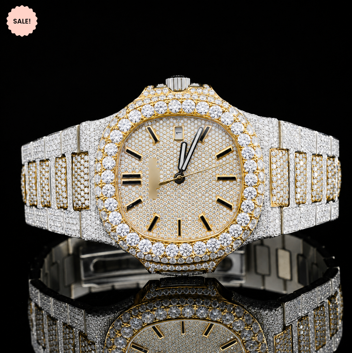 Two-Tone VVS Moissanite Watch with Black Stick Markers - Silver/Gold/Rose-Gold