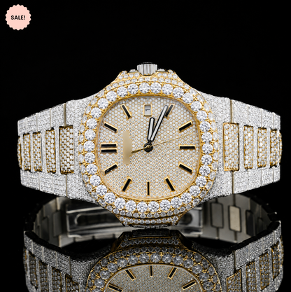 Two-Tone VVS Moissanite Watch with Black Stick Markers - Silver/Gold/Rose-Gold