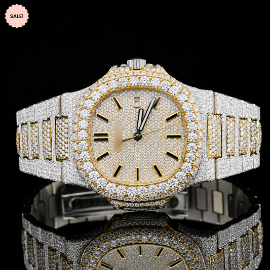 Two-Tone VVS Moissanite Watch with Black Stick Markers - Silver/Gold/Rose-Gold
