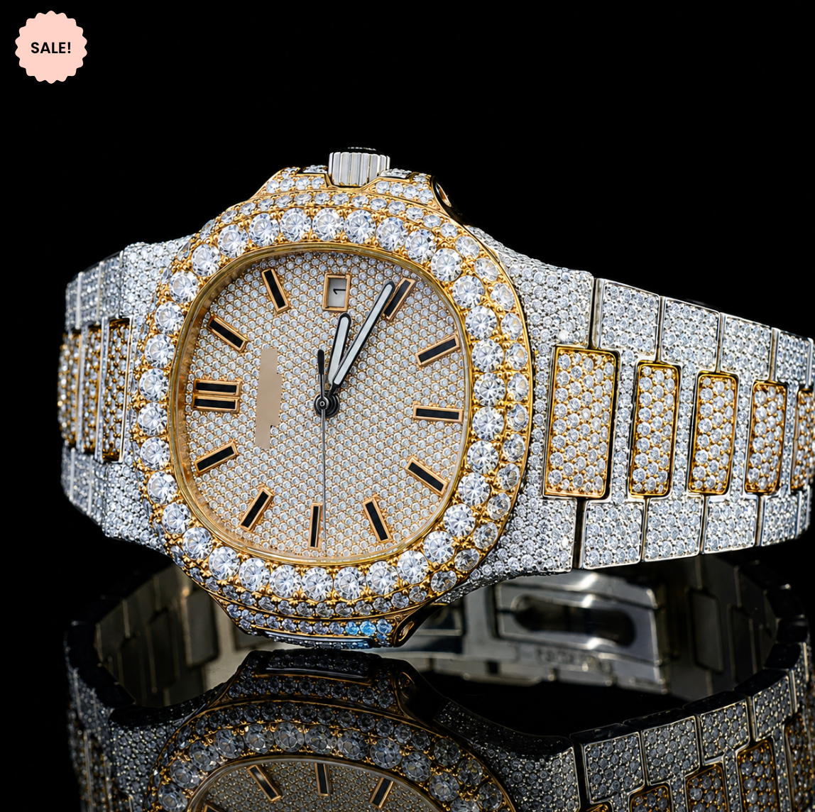 Two-Tone VVS Moissanite Watch with Black Stick Markers - Silver/Gold/Rose-Gold