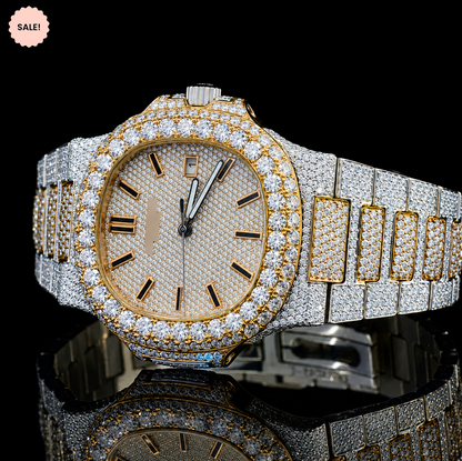 Two-Tone VVS Moissanite Watch with Black Stick Markers - Silver/Gold/Rose-Gold