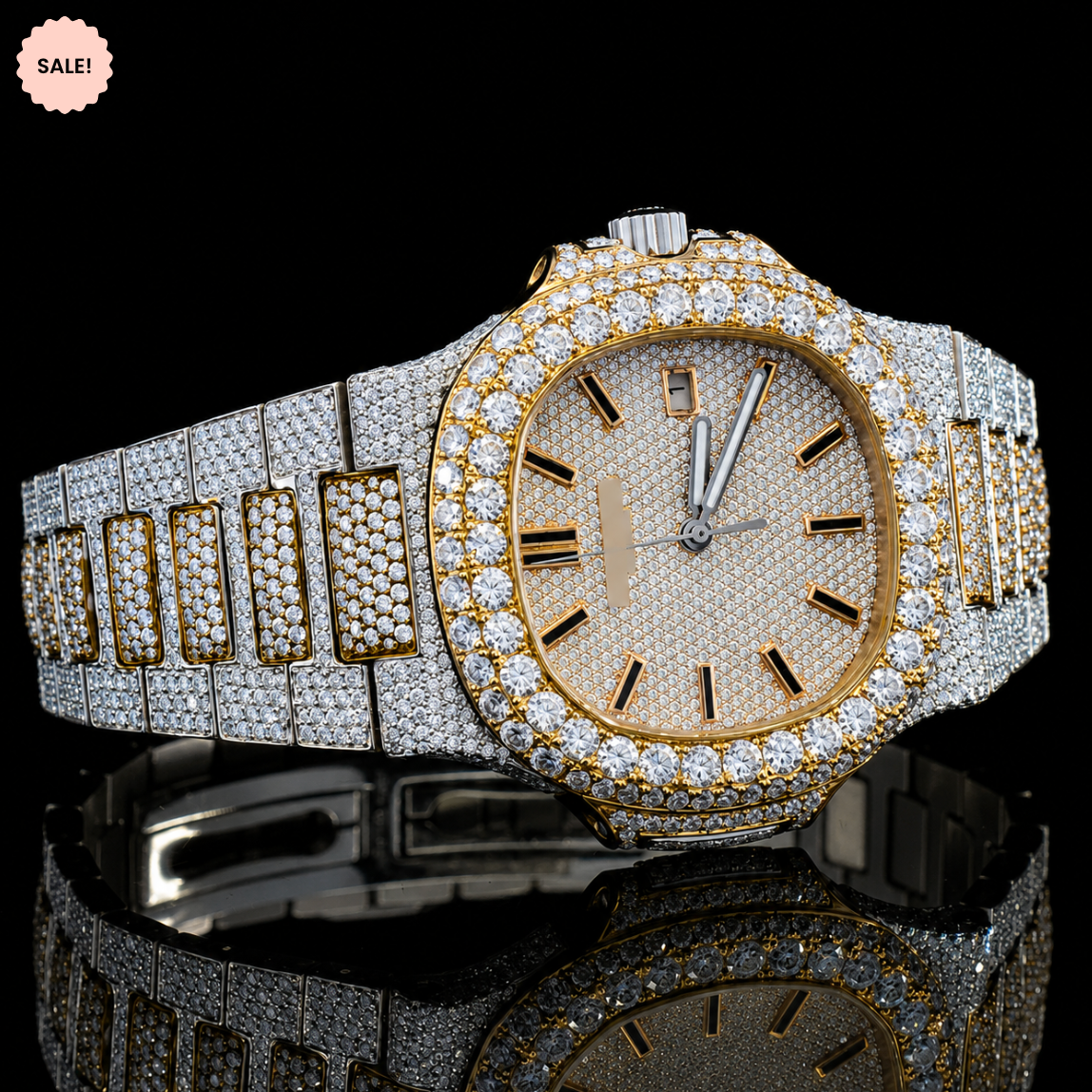 Two-Tone VVS Moissanite Watch with Black Stick Markers - Silver/Gold/Rose-Gold
