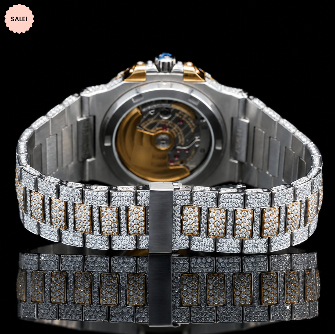 Two-Tone VVS Moissanite Watch with Black Stick Markers - Silver/Gold/Rose-Gold