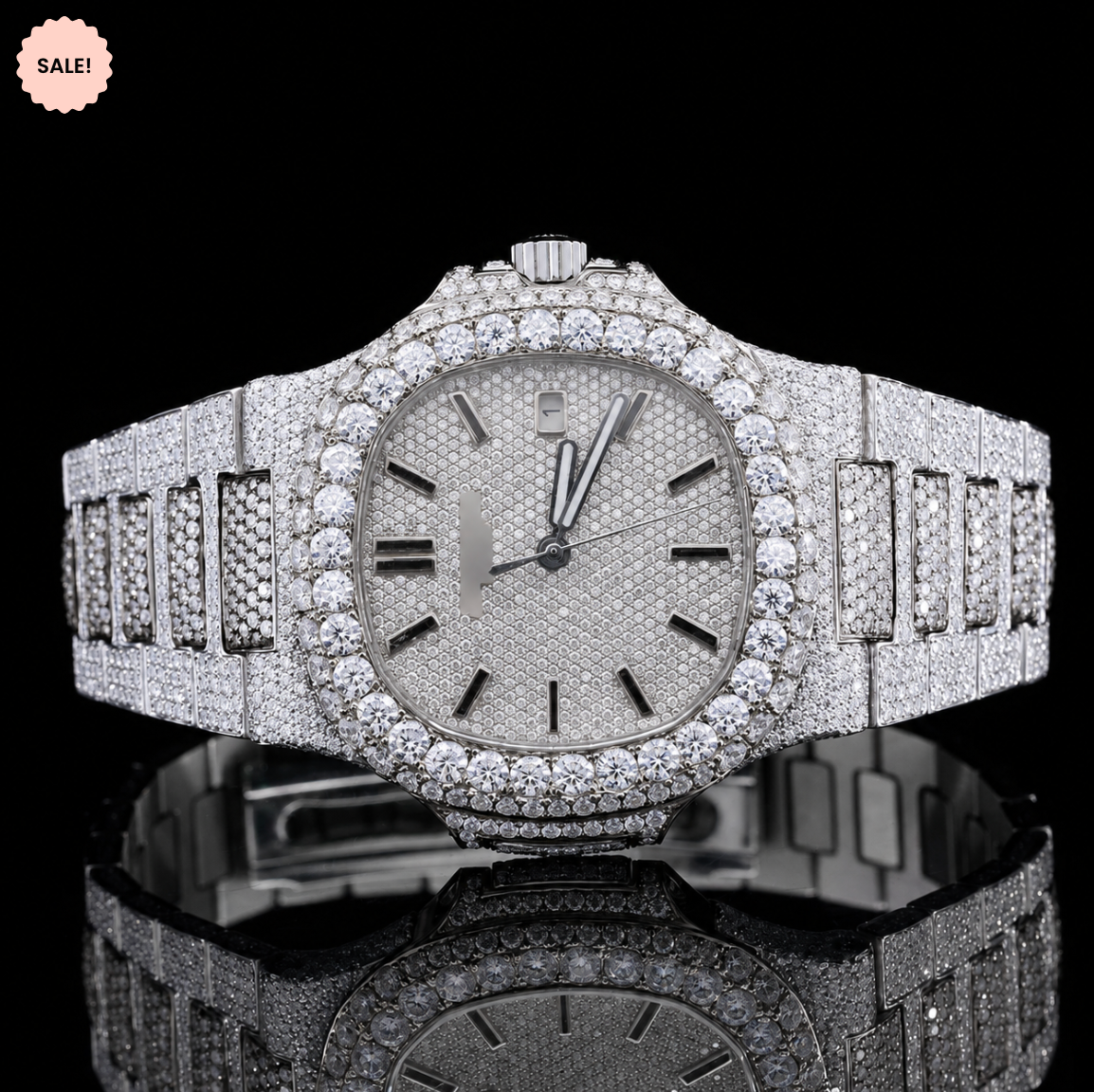 Two-Tone VVS Moissanite Watch with Black Stick Markers - Silver/Gold/Rose-Gold