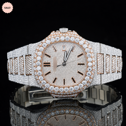 Two-Tone VVS Moissanite Watch with Black Stick Markers - Silver/Gold/Rose-Gold
