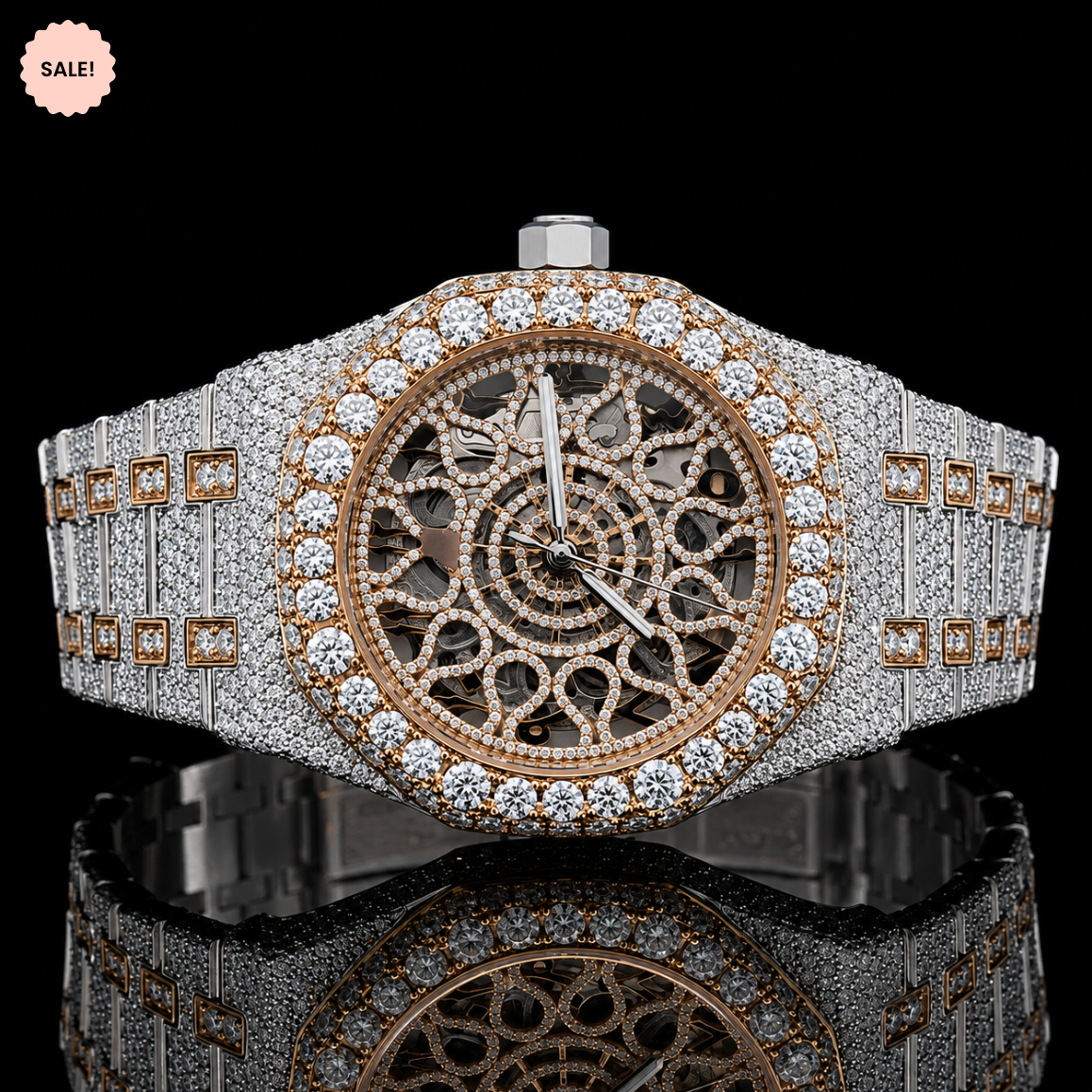 Antique Two-Tone Moissanite Watch with Skeleton Dial - Silver/Gold/Rose-Gold