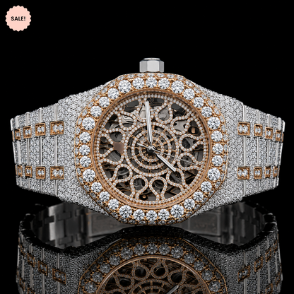 Antique Two-Tone Moissanite Watch with Skeleton Dial - Silver/Gold/Rose-Gold