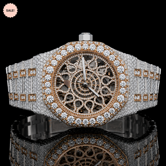 Antique Two-Tone Moissanite Watch with Skeleton Dial - Silver/Gold/Rose-Gold