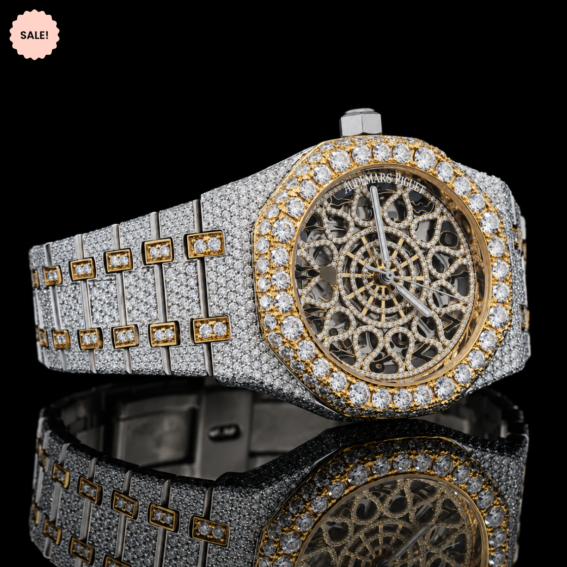 Antique Two-Tone Moissanite Watch with Skeleton Dial - Silver/Gold/Rose-Gold