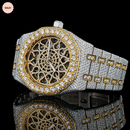 Antique Two-Tone Moissanite Watch with Skeleton Dial - Silver/Gold/Rose-Gold