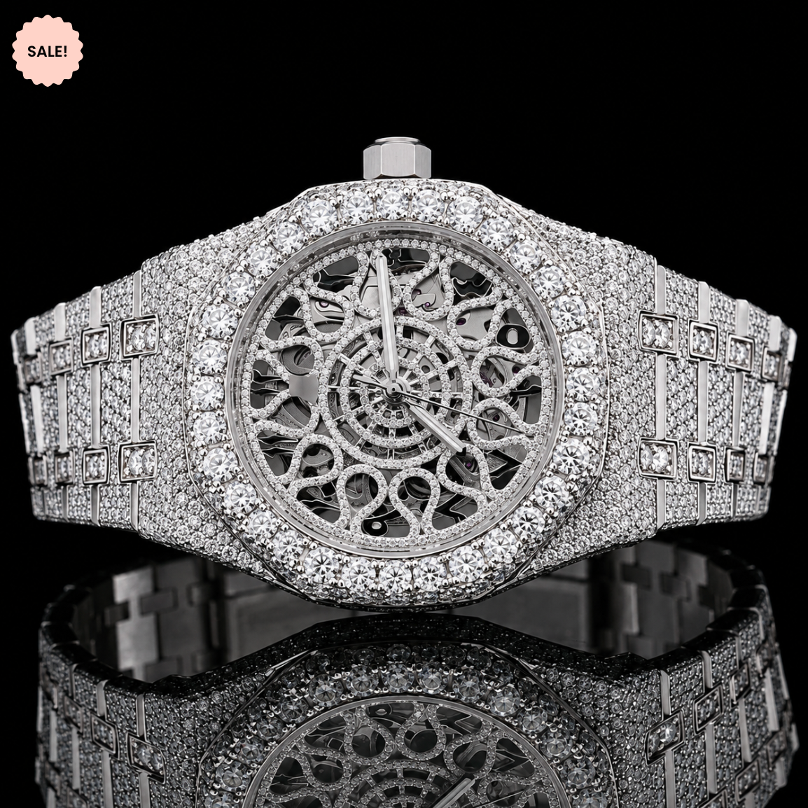 Antique Two-Tone Moissanite Watch with Skeleton Dial - Silver/Gold/Rose-Gold