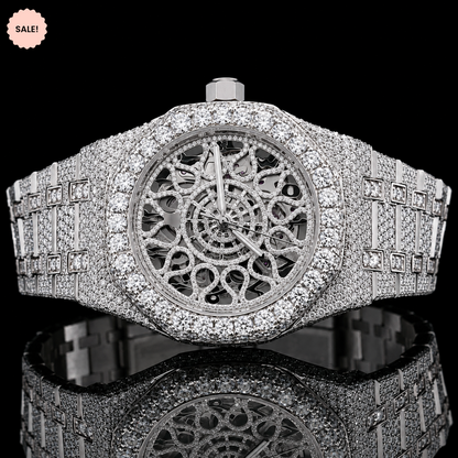 Antique Two-Tone Moissanite Watch with Skeleton Dial - Silver/Gold/Rose-Gold