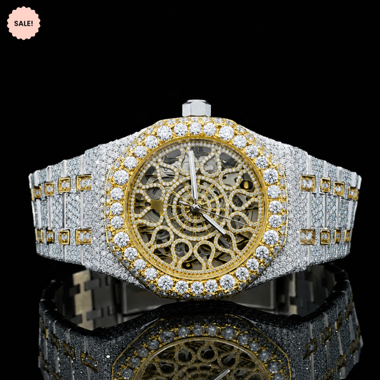 Antique Two-Tone Moissanite Watch with Skeleton Dial - Silver/Gold/Rose-Gold