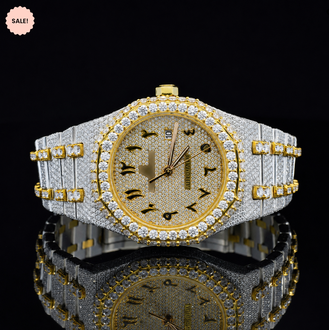 Attractive Iced Out Two-Tone Moissanite Watch with black Arabic Numerals - Silver/Gold/Rose-Gold