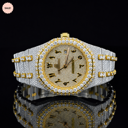 Attractive Iced Out Two-Tone Moissanite Watch with black Arabic Numerals - Silver/Gold/Rose-Gold