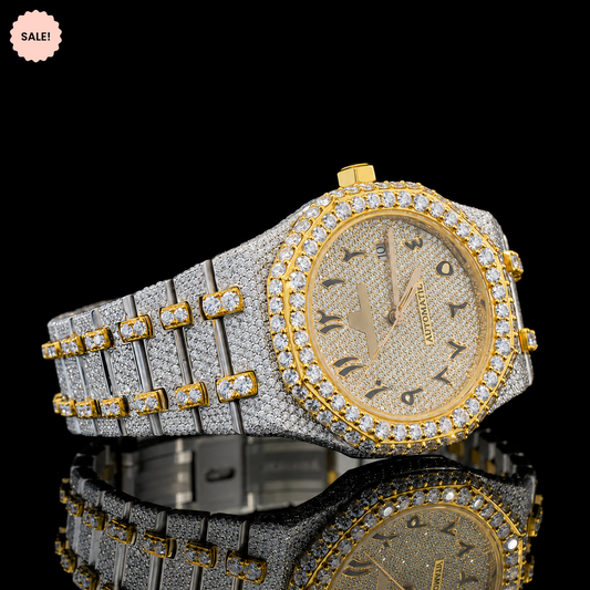 Attractive Iced Out Two-Tone Moissanite Watch with black Arabic Numerals - Silver/Gold/Rose-Gold
