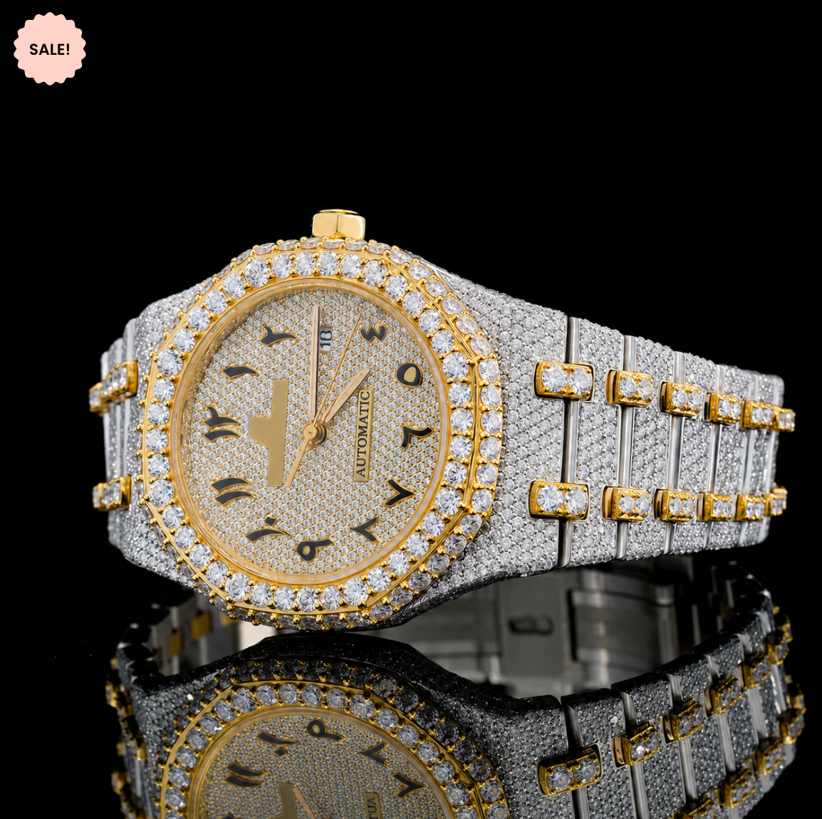 Attractive Iced Out Two-Tone Moissanite Watch with black Arabic Numerals - Silver/Gold/Rose-Gold