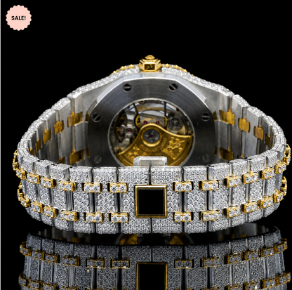Attractive Iced Out Two-Tone Moissanite Watch with black Arabic Numerals - Silver/Gold/Rose-Gold