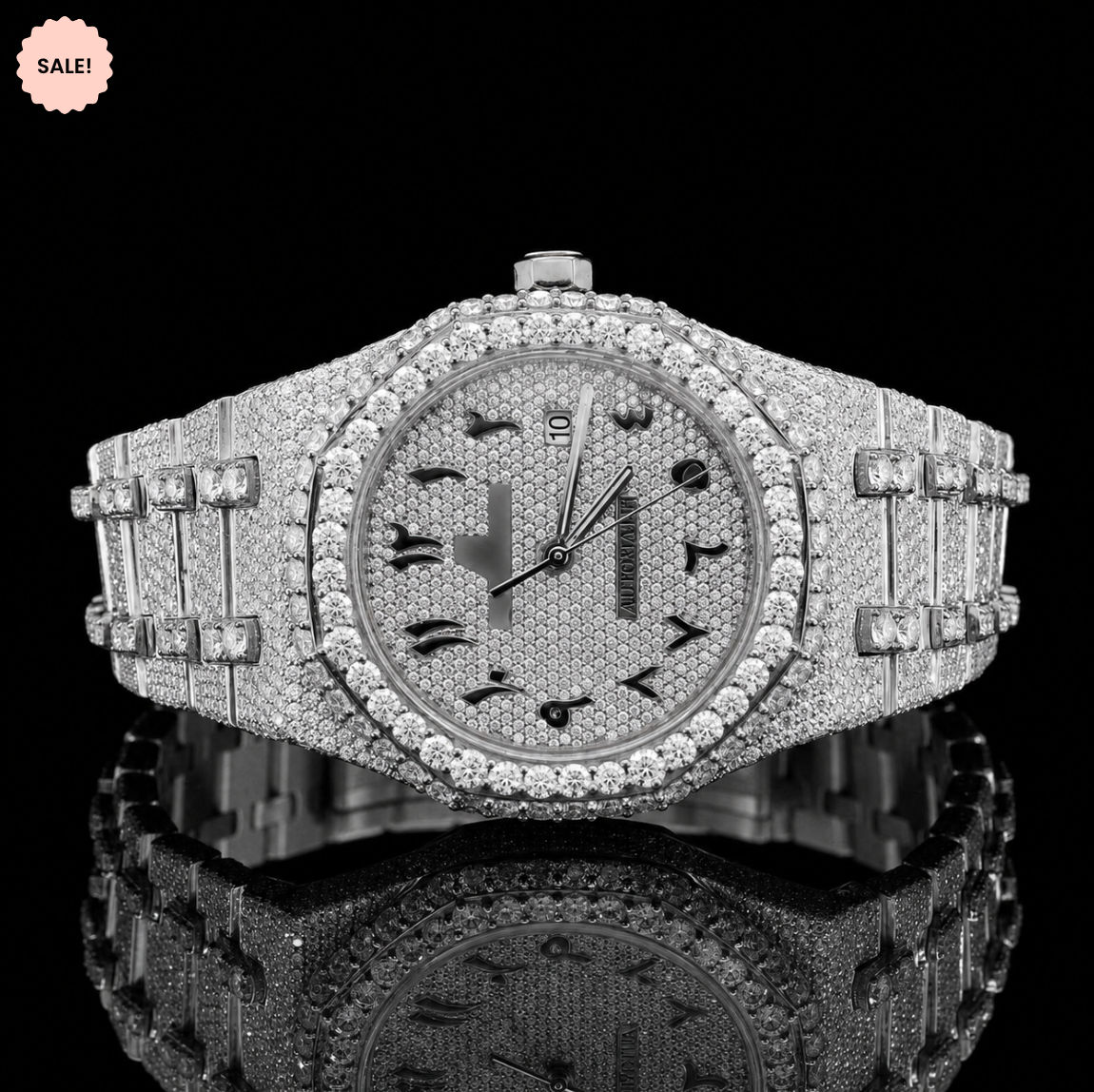 Attractive Iced Out Two-Tone Moissanite Watch with black Arabic Numerals - Silver/Gold/Rose-Gold