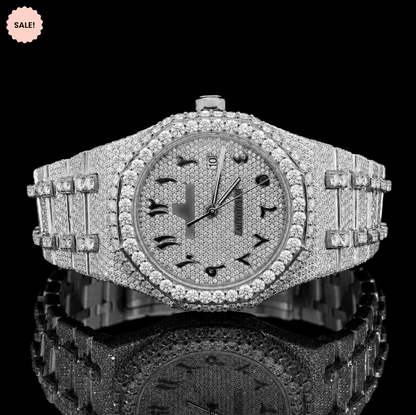 Attractive Iced Out Two-Tone Moissanite Watch with black Arabic Numerals - Silver/Gold/Rose-Gold