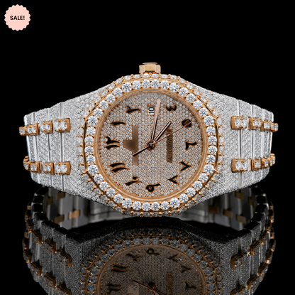 Attractive Iced Out Two-Tone Moissanite Watch with black Arabic Numerals - Silver/Gold/Rose-Gold