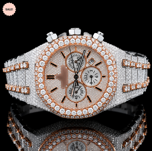 Attractive Two Tone Moissanite Chronograph Watch with Black Stick Markers - Silver/Gold/Rose-Gold