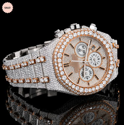 Attractive Two Tone Moissanite Chronograph Watch with Black Stick Markers - Silver/Gold/Rose-Gold