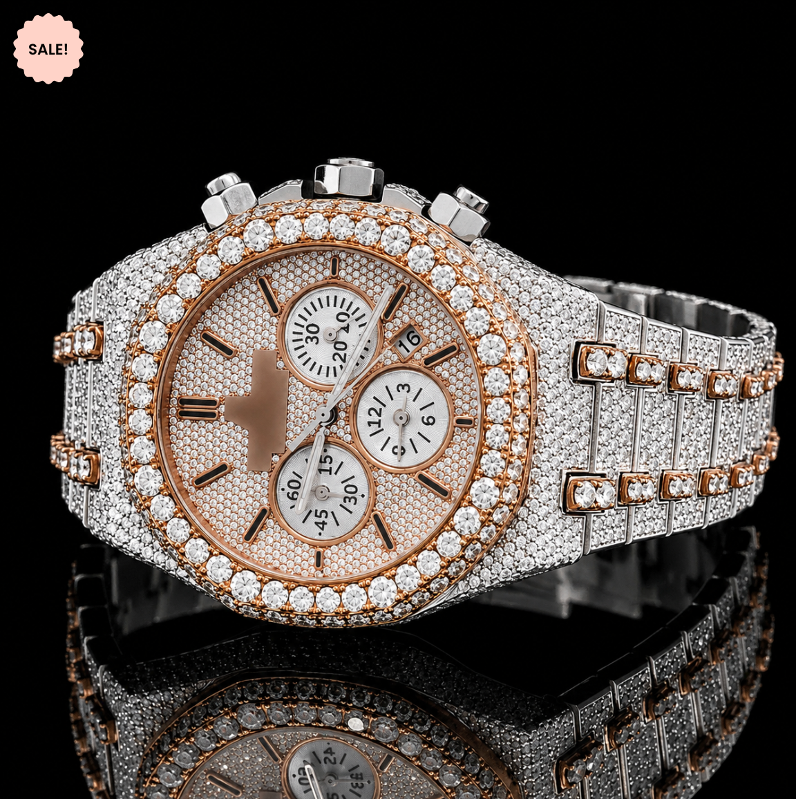 Attractive Two Tone Moissanite Chronograph Watch with Black Stick Markers - Silver/Gold/Rose-Gold