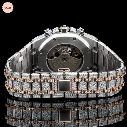 Attractive Two Tone Moissanite Chronograph Watch with Black Stick Markers - Silver/Gold/Rose-Gold