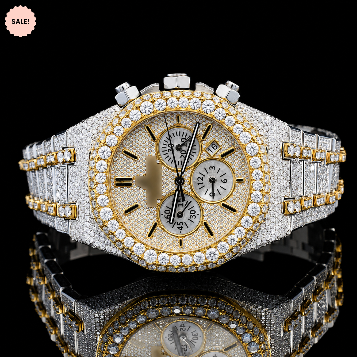 Attractive Two Tone Moissanite Chronograph Watch with Black Stick Markers - Silver/Gold/Rose-Gold