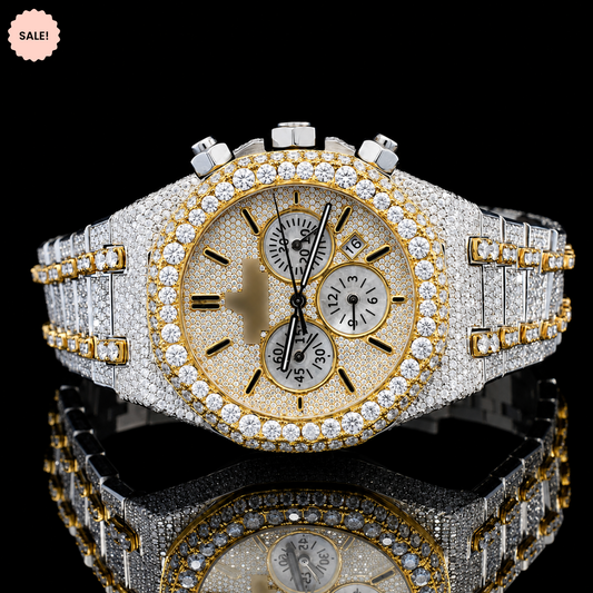 Attractive Two Tone Moissanite Chronograph Watch with Black Stick Markers - Silver/Gold/Rose-Gold