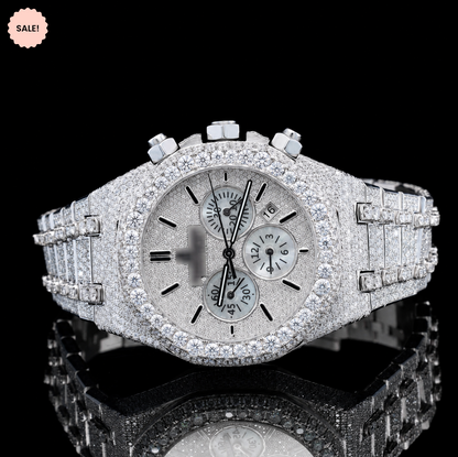 Attractive Two Tone Moissanite Chronograph Watch with Black Stick Markers - Silver/Gold/Rose-Gold