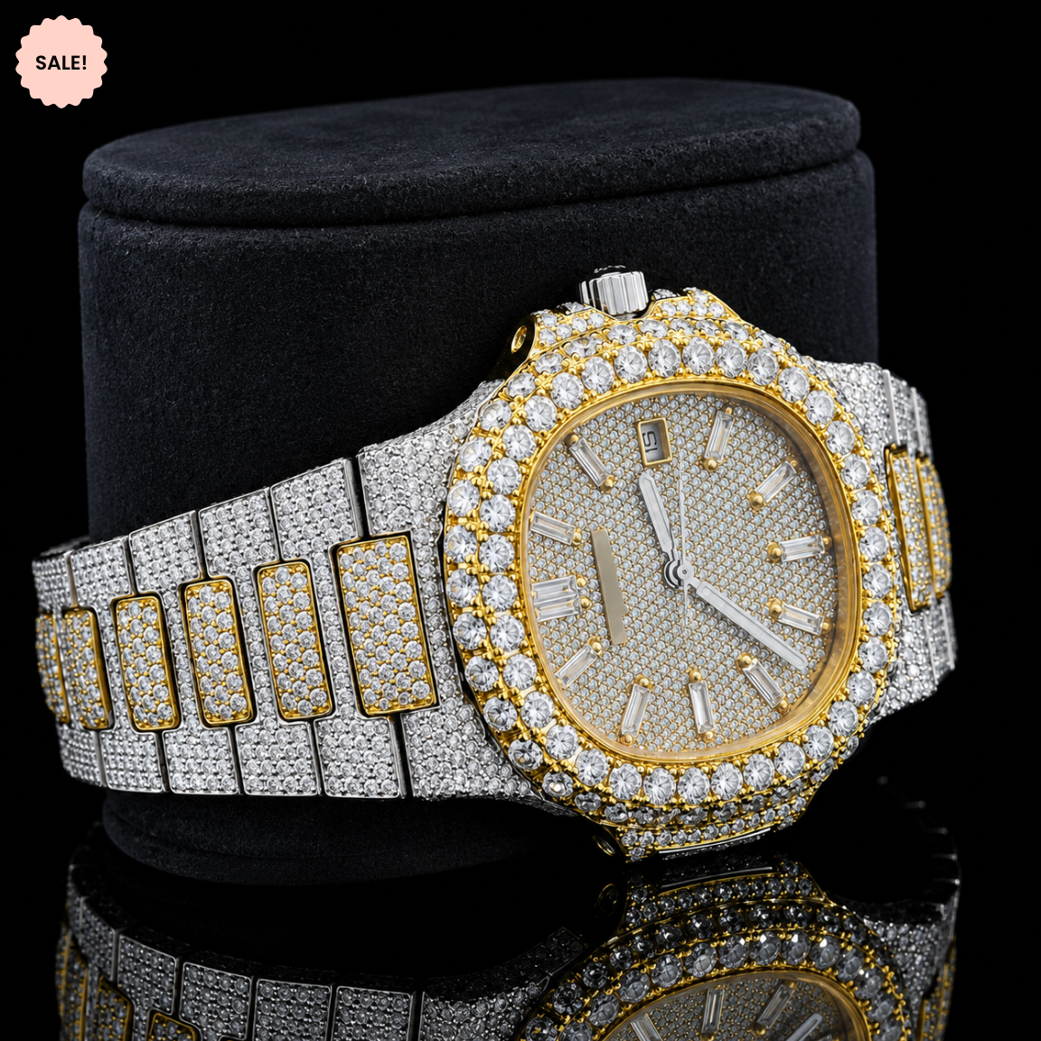 Attractive Two Tone Moissanite Watch with Baguette Stick Markers - Silver/Gold/Rose-Gold