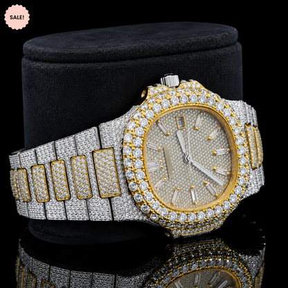 Attractive Two Tone Moissanite Watch with Baguette Stick Markers - Silver/Gold/Rose-Gold