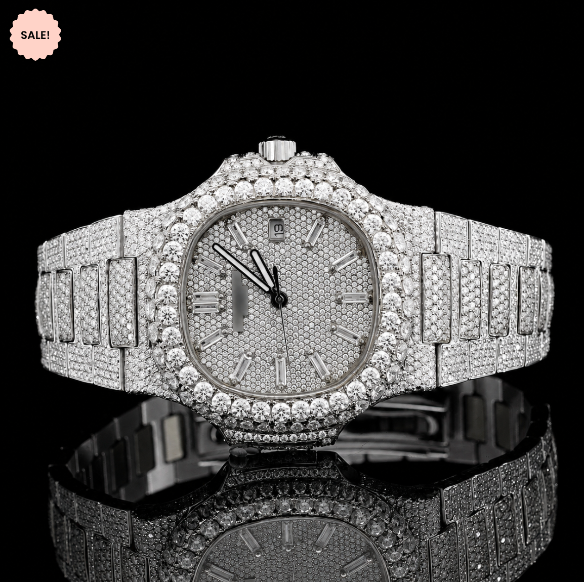 Attractive Two Tone Moissanite Watch with Baguette Stick Markers - Silver/Gold/Rose-Gold