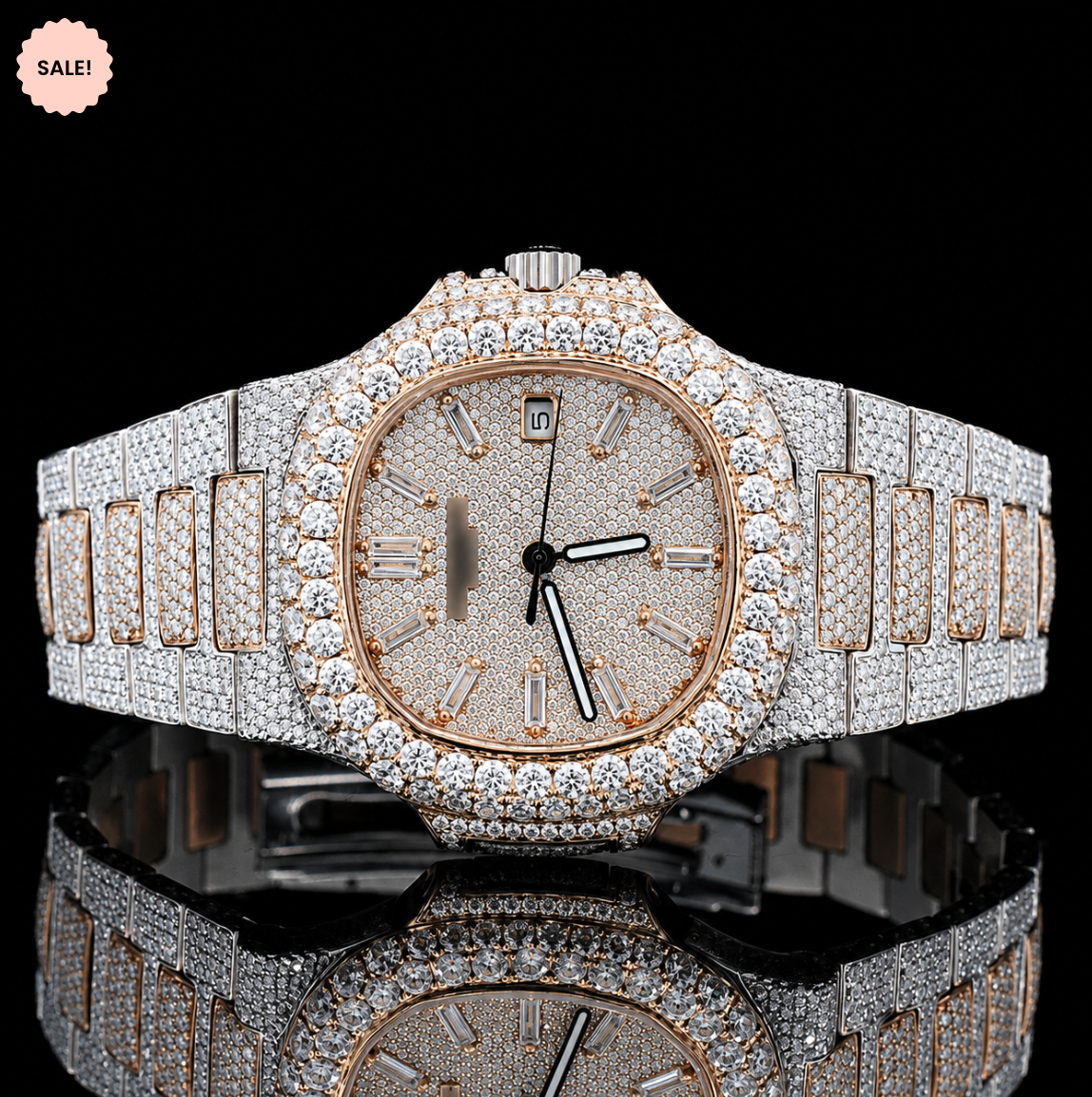 Attractive Two Tone Moissanite Watch with Baguette Stick Markers - Silver/Gold/Rose-Gold
