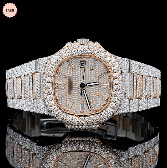 Attractive Two Tone Moissanite Watch with Baguette Stick Markers - Silver/Gold/Rose-Gold