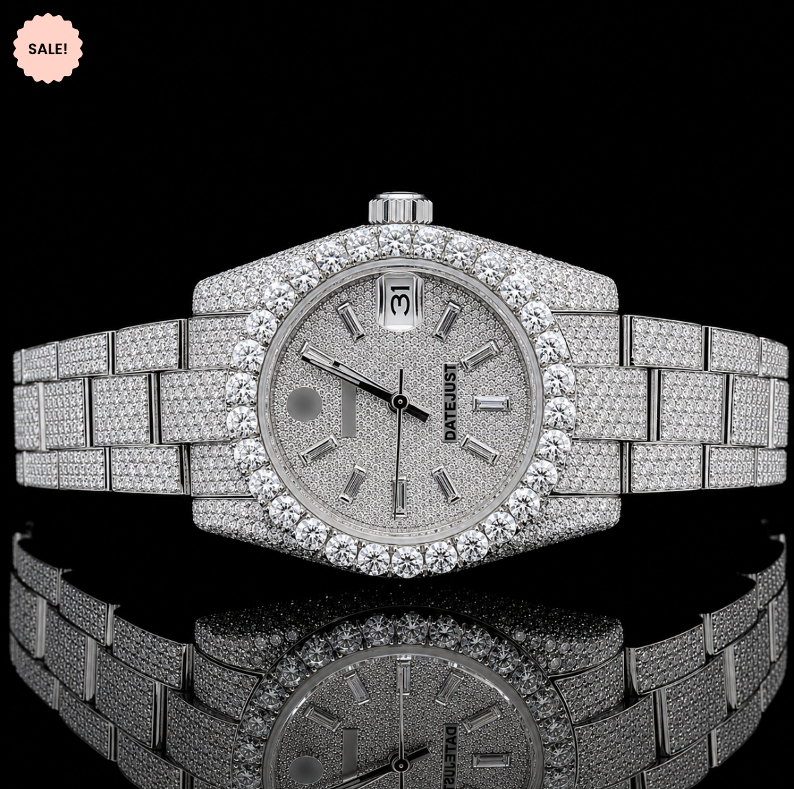 Baguette Dial Bust-down VVS Moissanite Watch - Silver