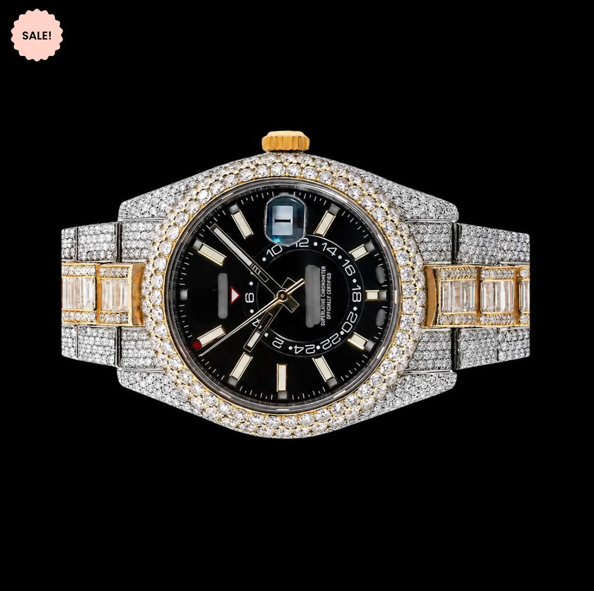 Black Dial Two-Tone Baguette Moissanite Watch - Silver-Gold/Black-Dial