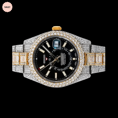 Black Dial Two-Tone Baguette Moissanite Watch - Silver-Gold/Black-Dial