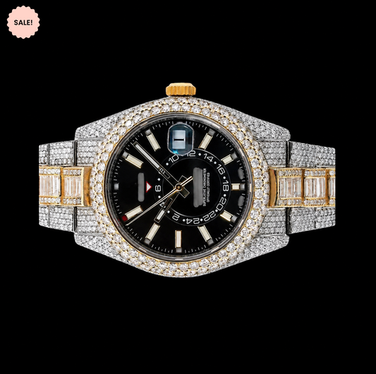 Black Dial Two-Tone Baguette Moissanite Watch - Silver-Gold/Black-Dial