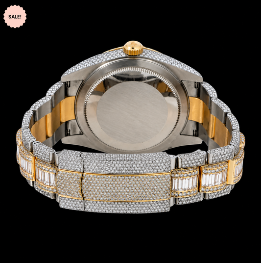 Black Dial Two-Tone Baguette Moissanite Watch - Silver-Gold/Black-Dial